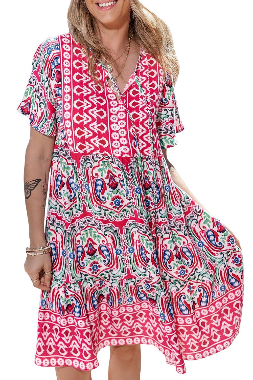 image-Sky Blue Bohemian Print Tie Neck Ruffle Hem Short Dress