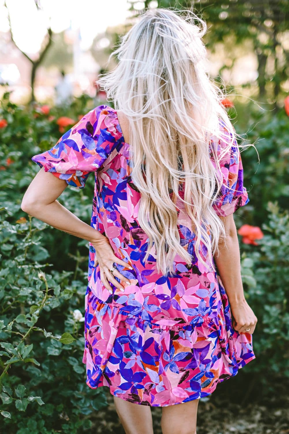 image-Purple Flower Print Short Puff Sleeve Ruffled Dress