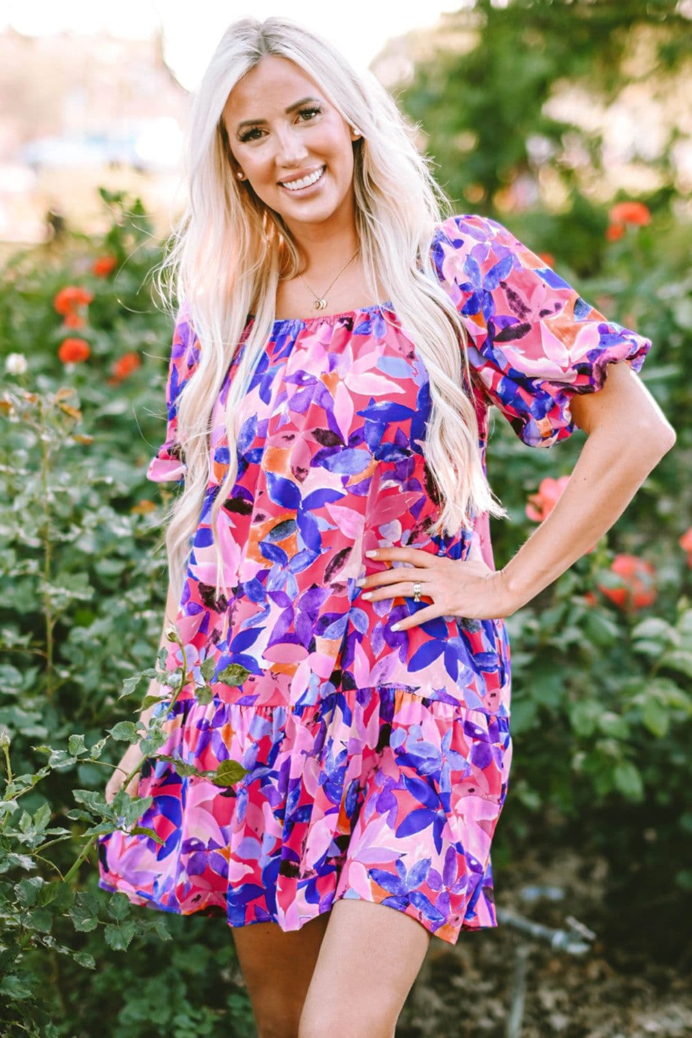image-Purple Flower Print Short Puff Sleeve Ruffled Dress