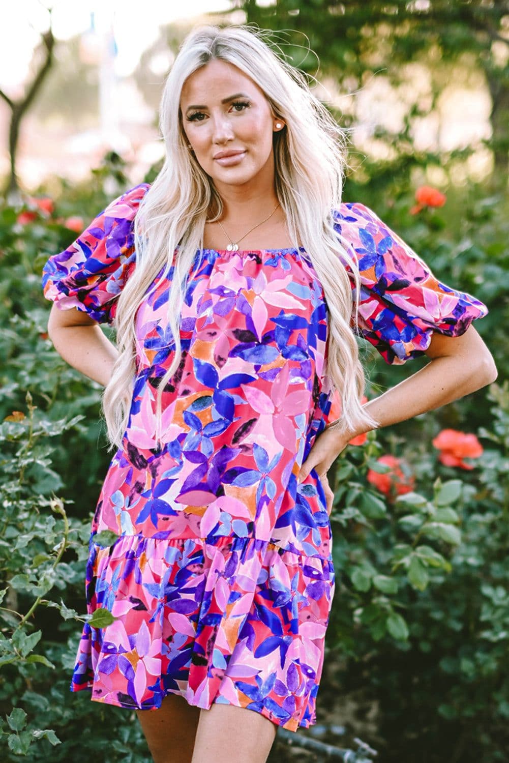 image-Purple Flower Print Short Puff Sleeve Ruffled Dress