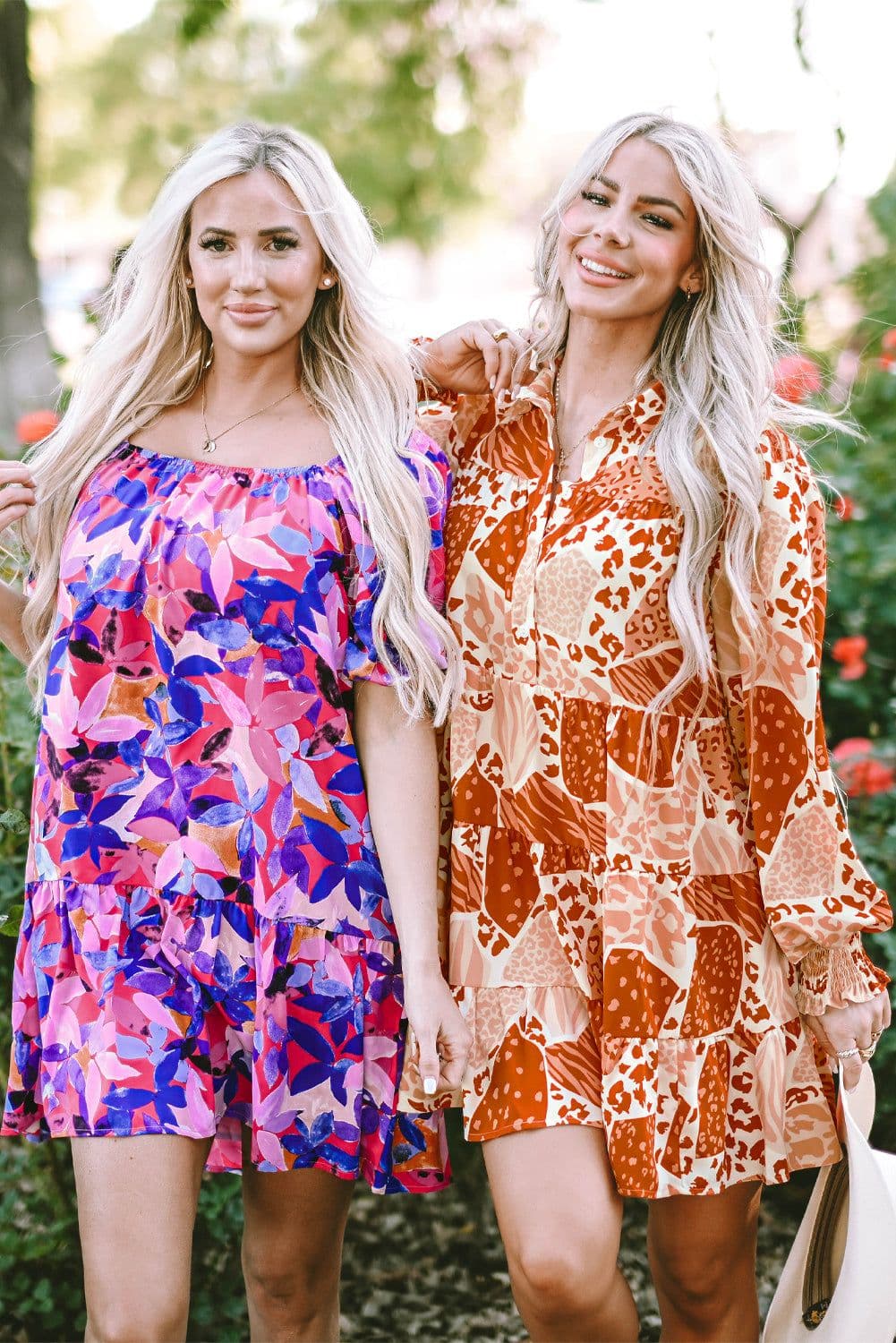image-Purple Flower Print Short Puff Sleeve Ruffled Dress