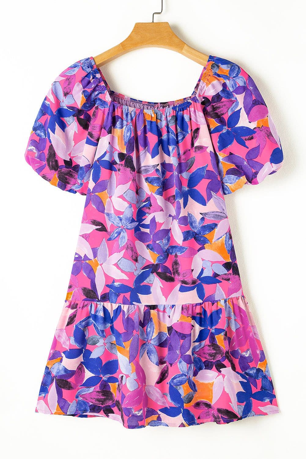image-Purple Flower Print Short Puff Sleeve Ruffled Dress
