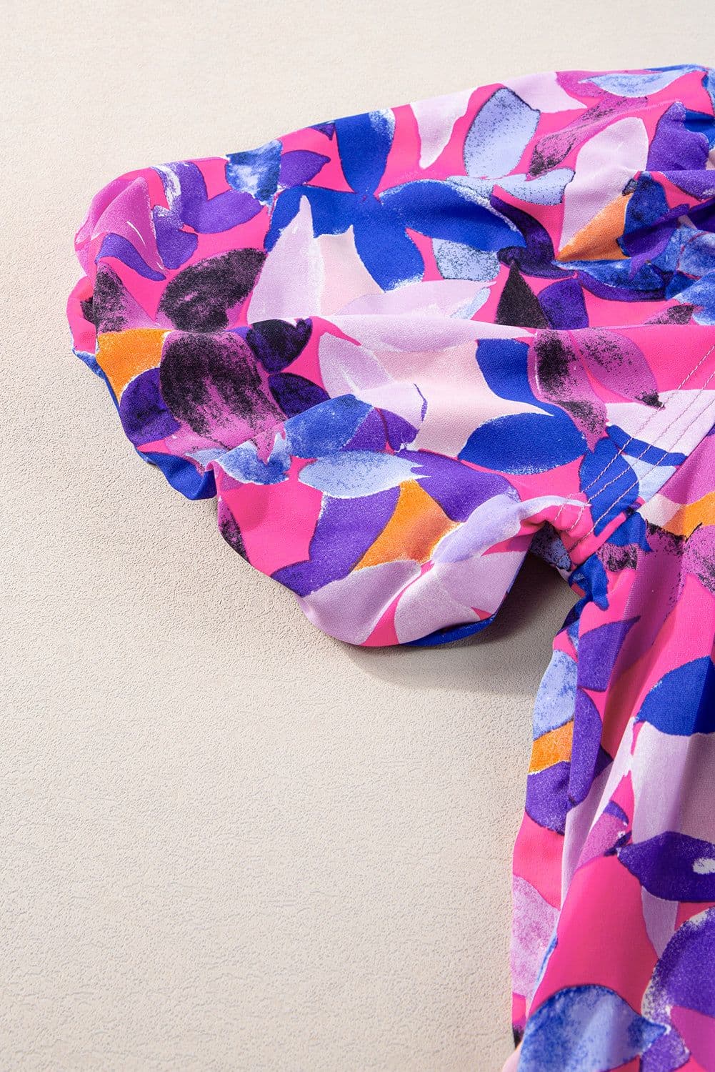 image-Purple Flower Print Short Puff Sleeve Ruffled Dress