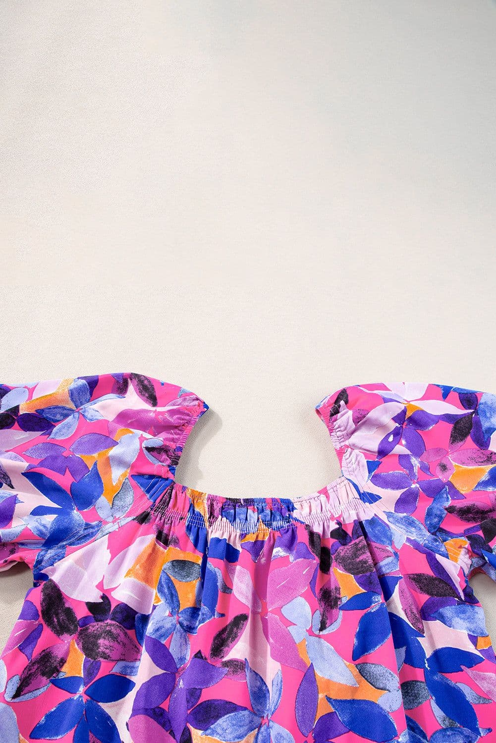 image-Purple Flower Print Short Puff Sleeve Ruffled Dress