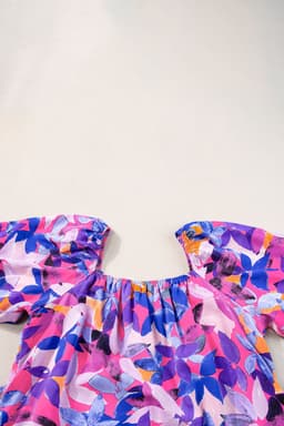 image-Purple Flower Print Short Puff Sleeve Ruffled Dress