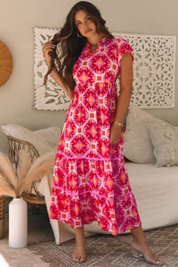 image-Strawberry Pink Geo Print V-neck Maxi Dress