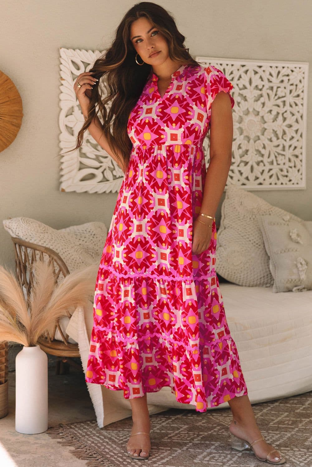 image-Strawberry Pink Geo Print V-neck Maxi Dress