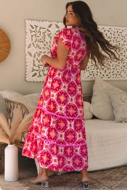 image-Strawberry Pink Geo Print V-neck Maxi Dress