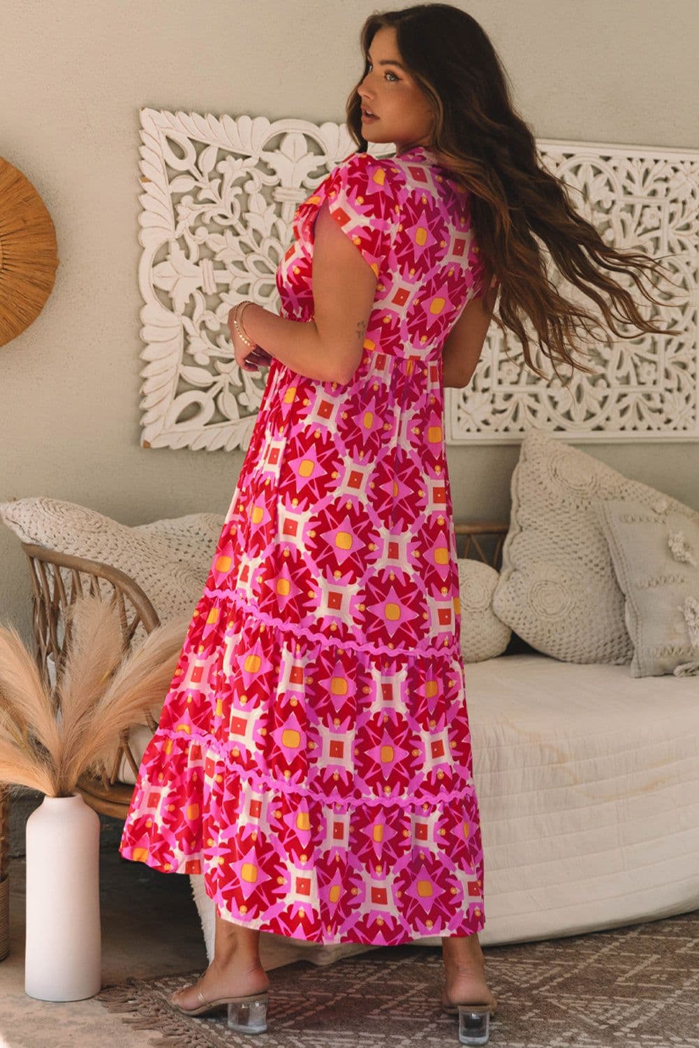 image-Strawberry Pink Geo Print V-neck Maxi Dress