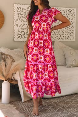 image-Strawberry Pink Geo Print V-neck Maxi Dress
