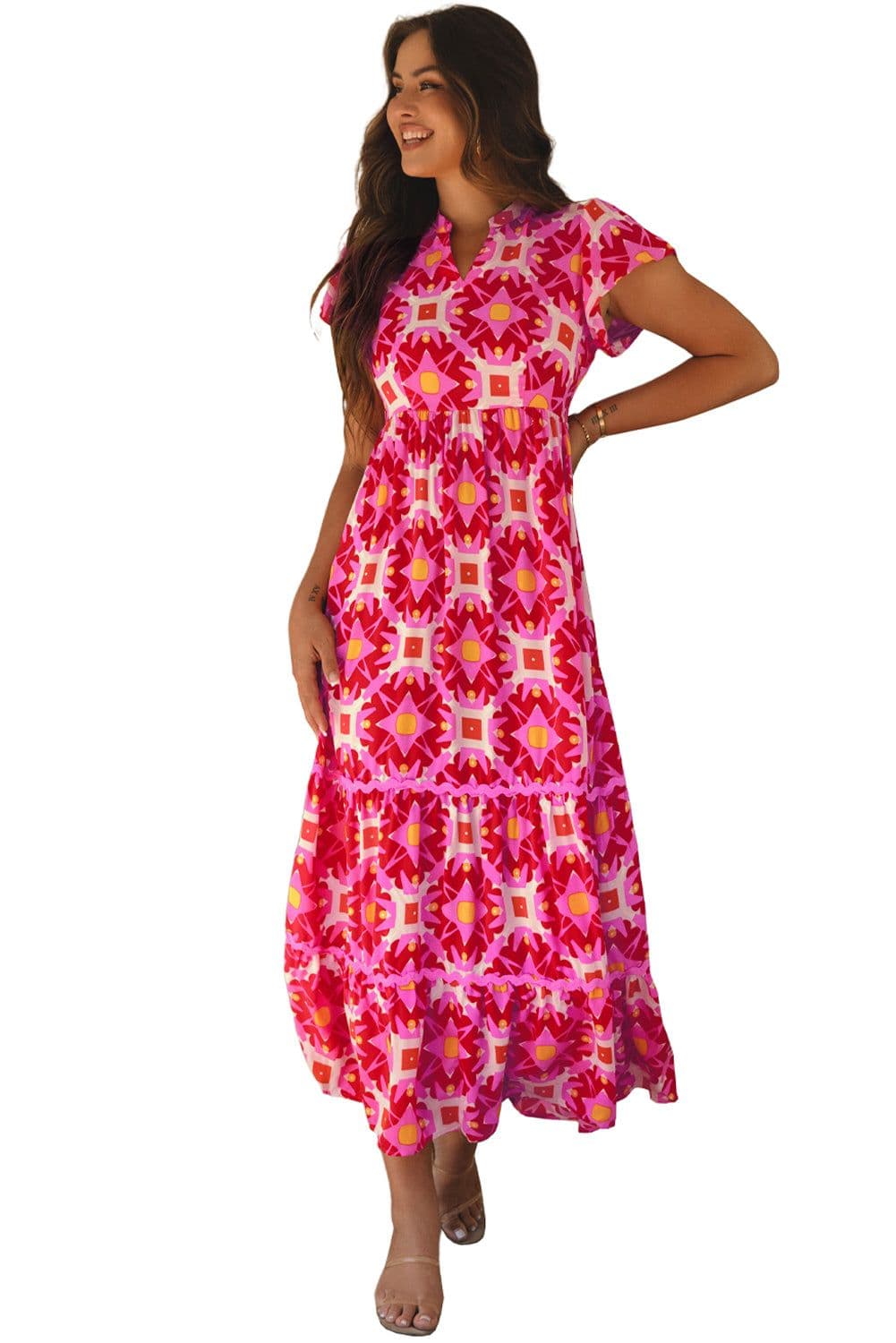 image-Strawberry Pink Geo Print V-neck Maxi Dress