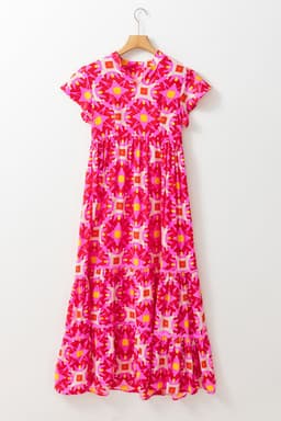 image-Strawberry Pink Geo Print V-neck Maxi Dress