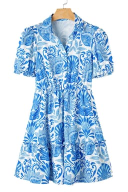 image-Sky Blue Retro Floral Print Drawstring Waist Ruffled Mini Dress