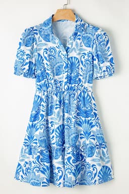 image-Sky Blue Retro Floral Print Drawstring Waist Ruffled Mini Dress