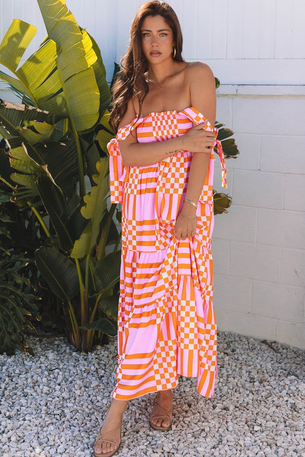 image-Pink Boho Gingham Tied Straps Smocked Maxi Dress