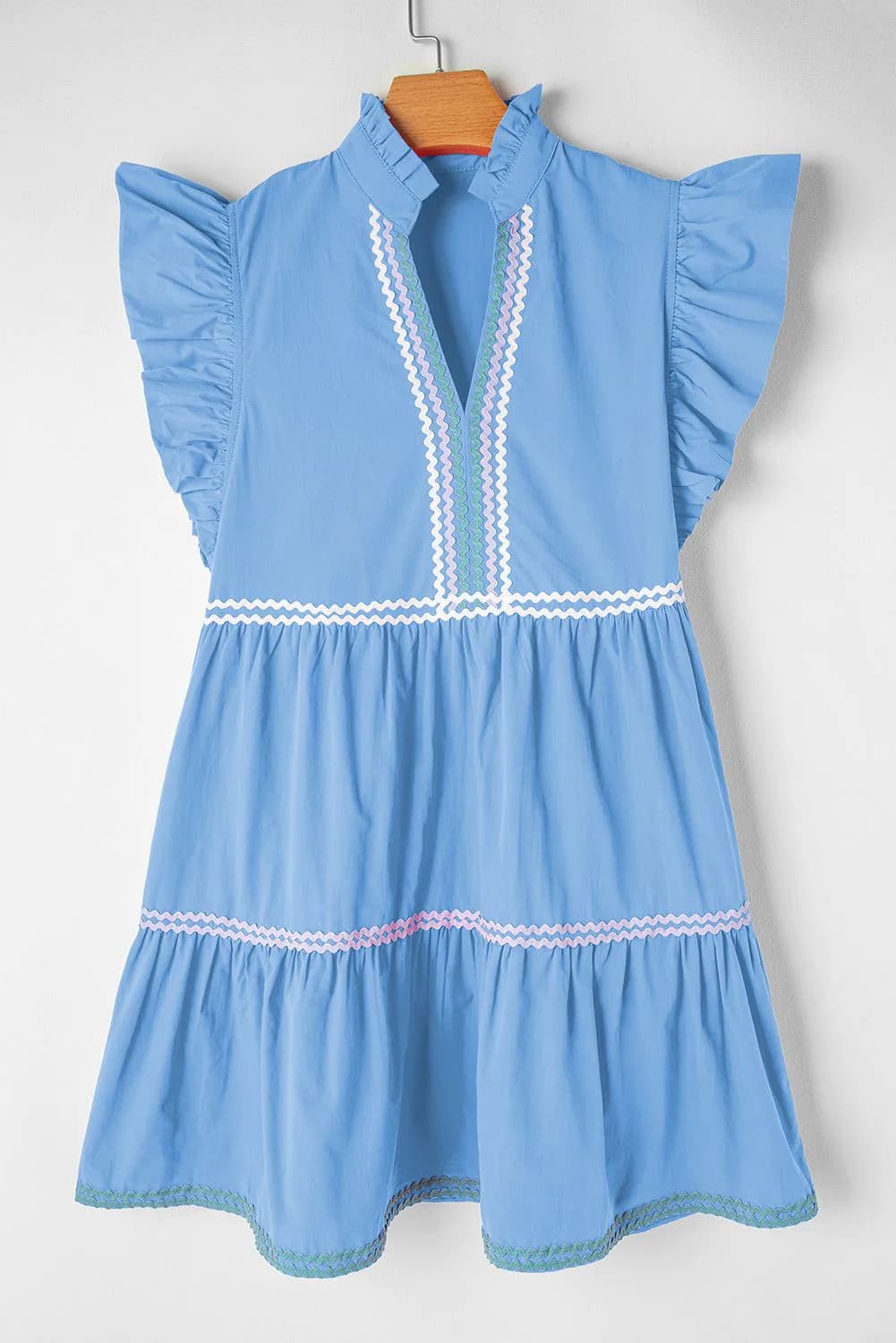 image-Beau Blue Ric Rac Colorblock Flutter Sleeve V Neck Tiered Dress