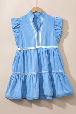 image-Beau Blue Ric Rac Colorblock Flutter Sleeve V Neck Tiered Dress