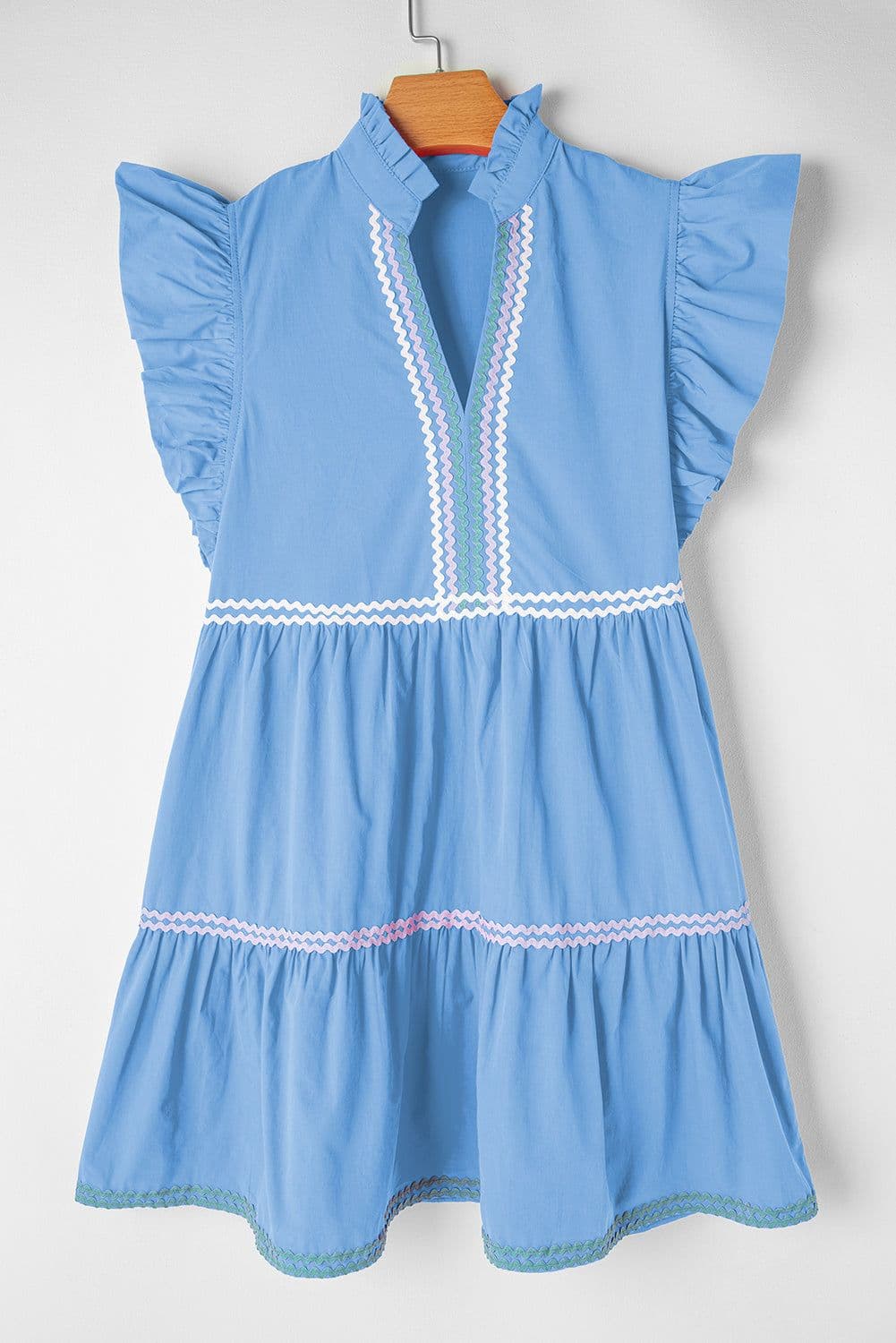 image-Beau Blue Ric Rac Colorblock Flutter Sleeve V Neck Tiered Dress