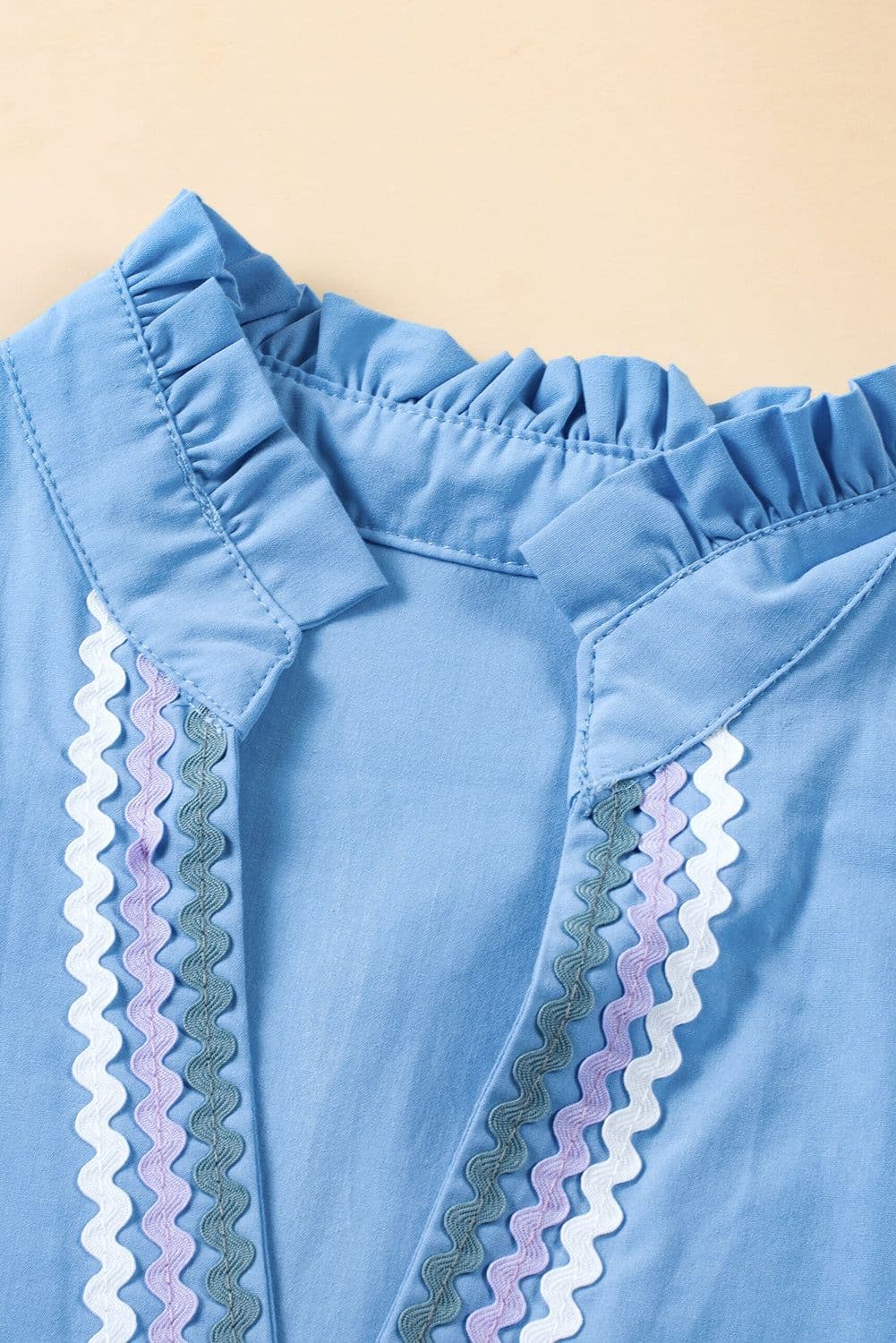 image-Beau Blue Ric Rac Colorblock Flutter Sleeve V Neck Tiered Dress