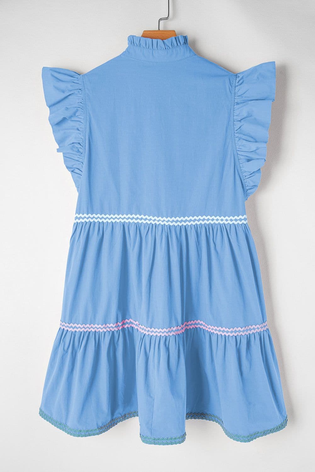 image-Beau Blue Ric Rac Colorblock Flutter Sleeve V Neck Tiered Dress