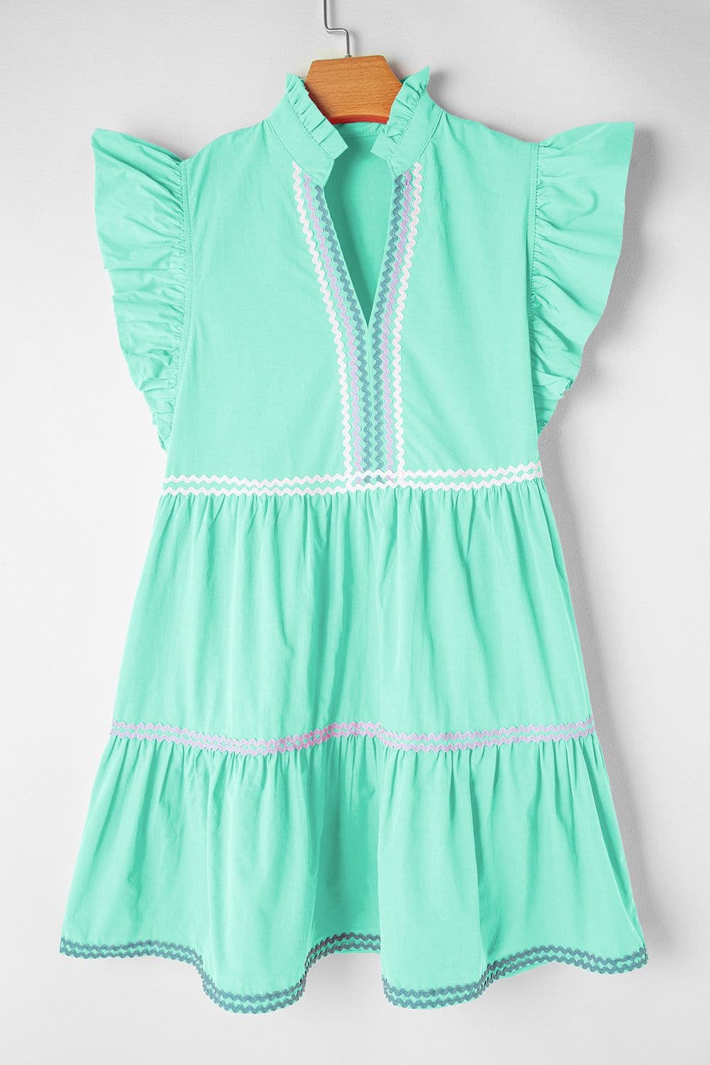 image-Beau Blue Ric Rac Colorblock Flutter Sleeve V Neck Tiered Dress