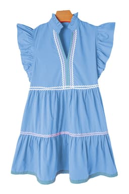 image-Beau Blue Ric Rac Colorblock Flutter Sleeve V Neck Tiered Dress