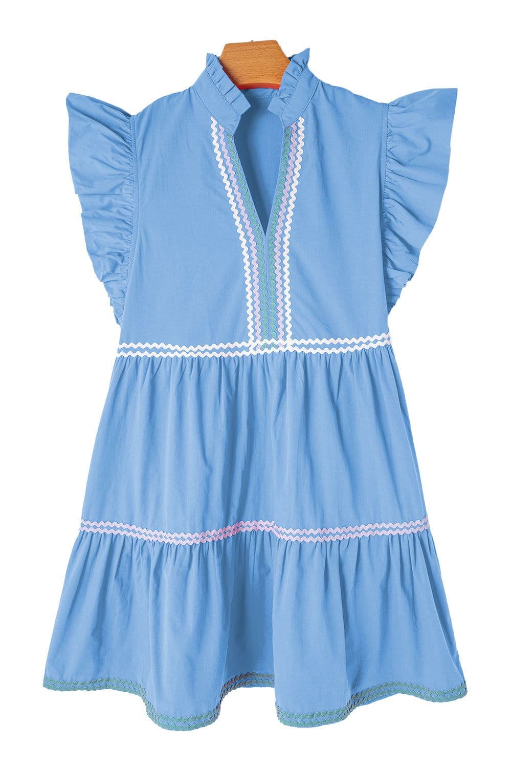 image-Beau Blue Ric Rac Colorblock Flutter Sleeve V Neck Tiered Dress