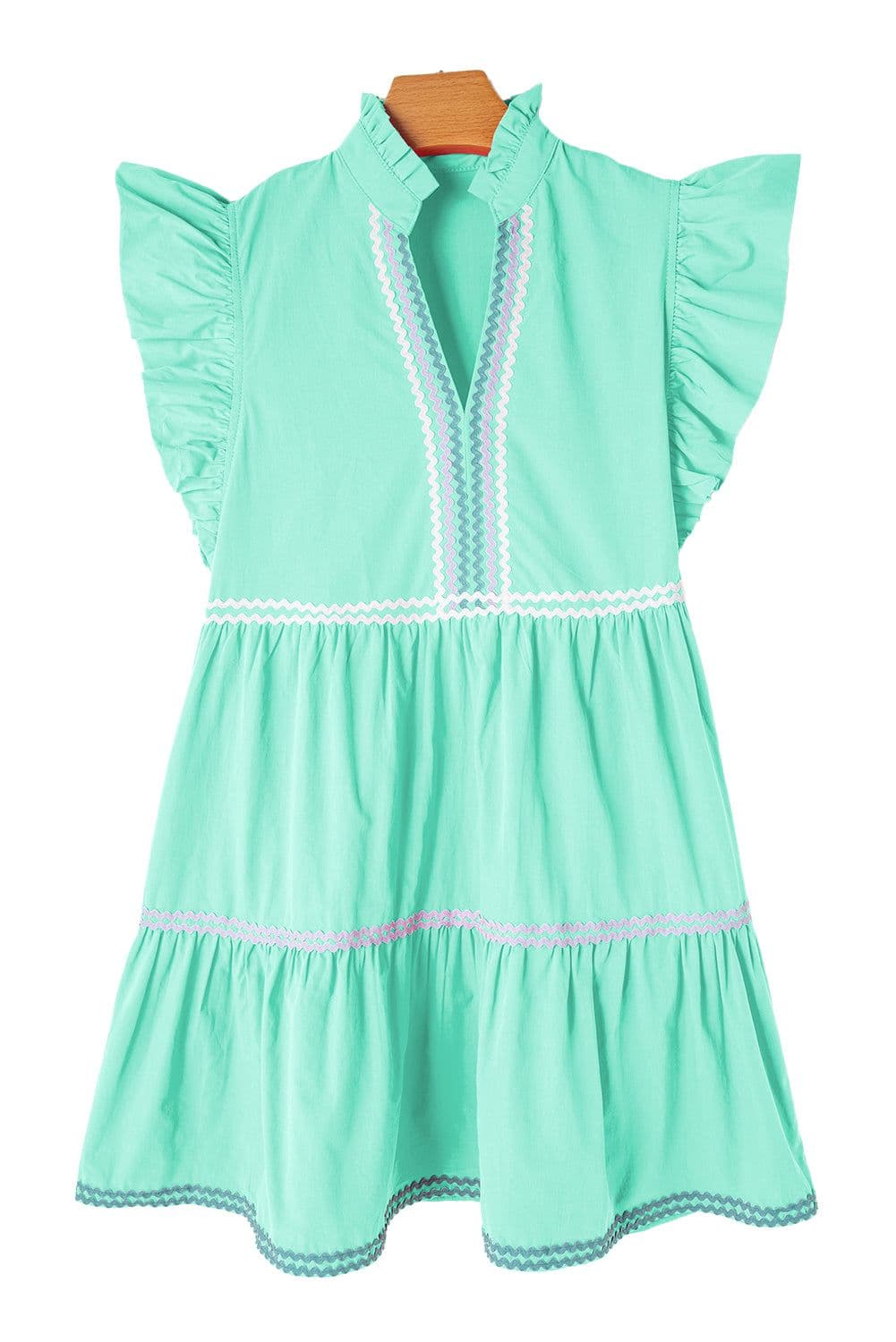 image-Beau Blue Ric Rac Colorblock Flutter Sleeve V Neck Tiered Dress