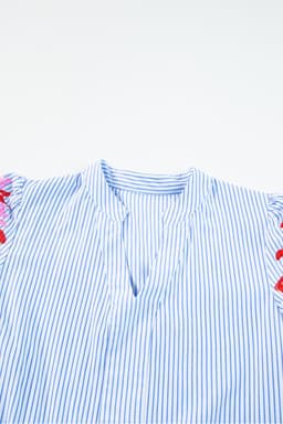 image-Sky Blue Stripe Contrast Floral Puff Sleeve Tiered Ruffle Dress