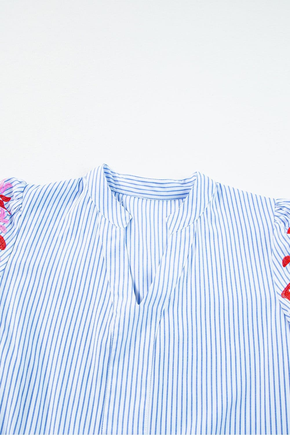 image-Sky Blue Stripe Contrast Floral Puff Sleeve Tiered Ruffle Dress