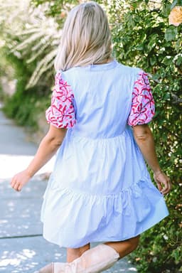 image-Sky Blue Stripe Contrast Floral Puff Sleeve Tiered Ruffle Dress
