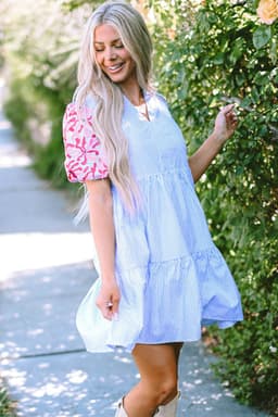 image-Sky Blue Stripe Contrast Floral Puff Sleeve Tiered Ruffle Dress