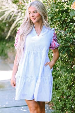 image-Sky Blue Stripe Contrast Floral Puff Sleeve Tiered Ruffle Dress