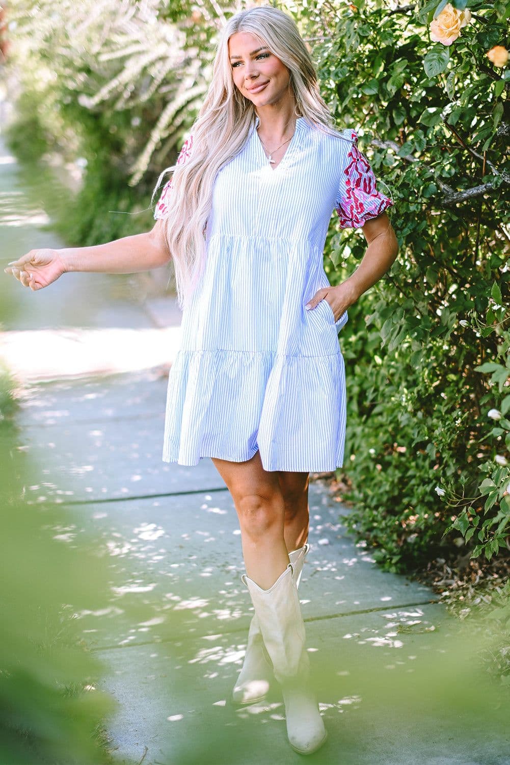 image-Sky Blue Stripe Contrast Floral Puff Sleeve Tiered Ruffle Dress