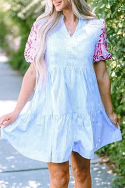 image-Sky Blue Stripe Contrast Floral Puff Sleeve Tiered Ruffle Dress