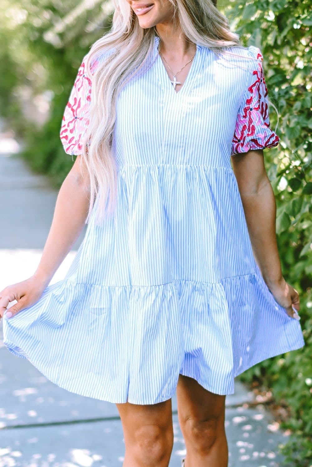 image-Sky Blue Stripe Contrast Floral Puff Sleeve Tiered Ruffle Dress