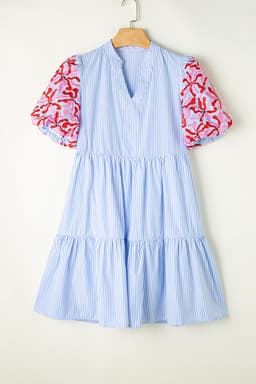 image-Sky Blue Stripe Contrast Floral Puff Sleeve Tiered Ruffle Dress