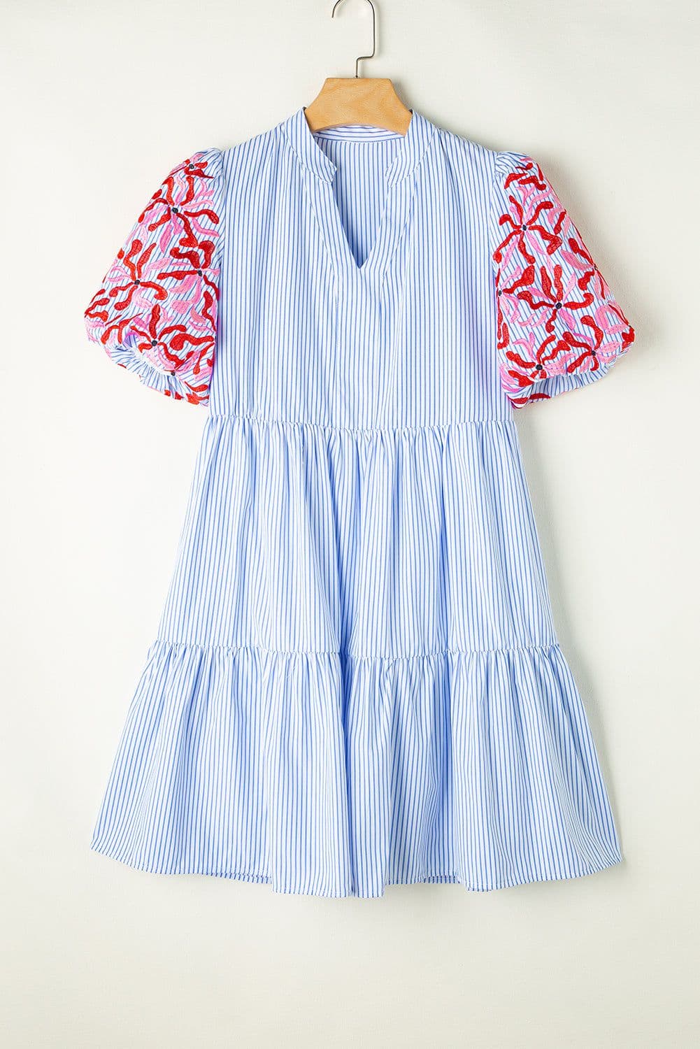 image-Sky Blue Stripe Contrast Floral Puff Sleeve Tiered Ruffle Dress