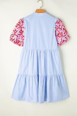 image-Sky Blue Stripe Contrast Floral Puff Sleeve Tiered Ruffle Dress