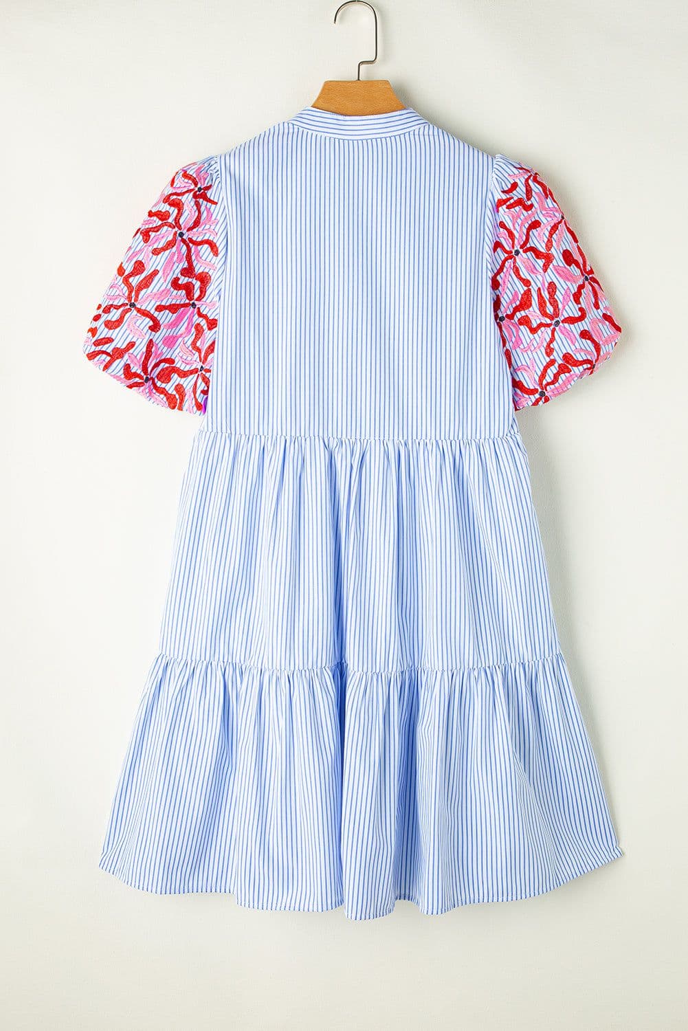 image-Sky Blue Stripe Contrast Floral Puff Sleeve Tiered Ruffle Dress