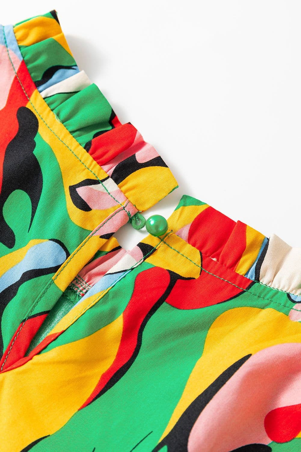image-Green Abstract Print Frilled Neck Ruffled Sleeve Mini Dress