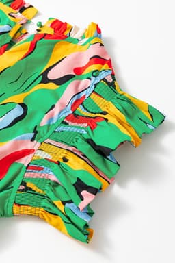 image-Green Abstract Print Frilled Neck Ruffled Sleeve Mini Dress