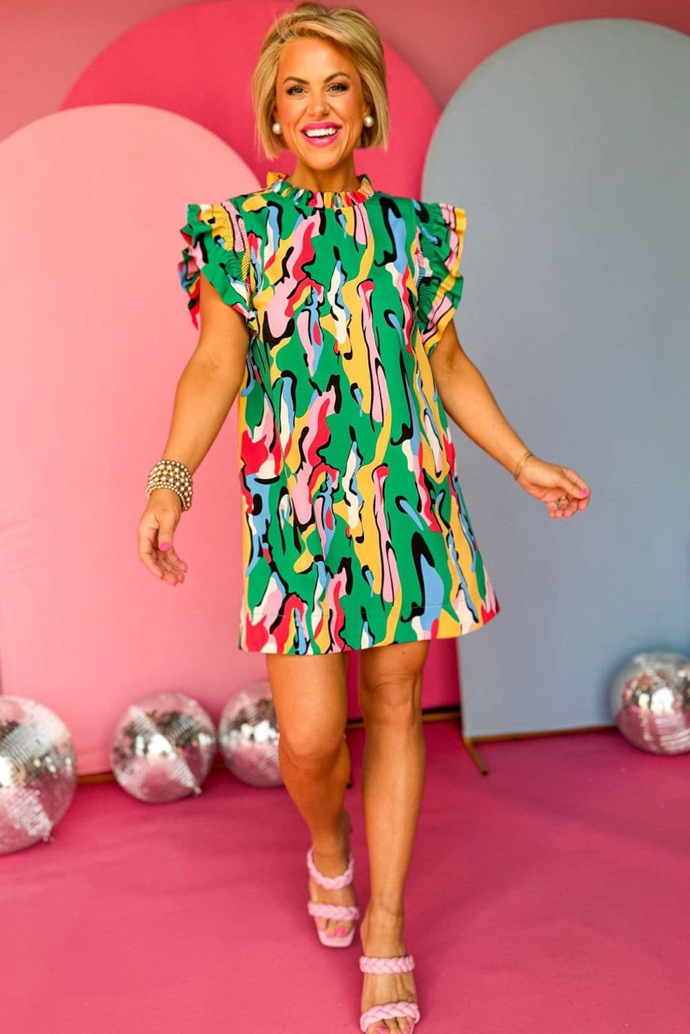 image-Green Abstract Print Frilled Neck Ruffled Sleeve Mini Dress
