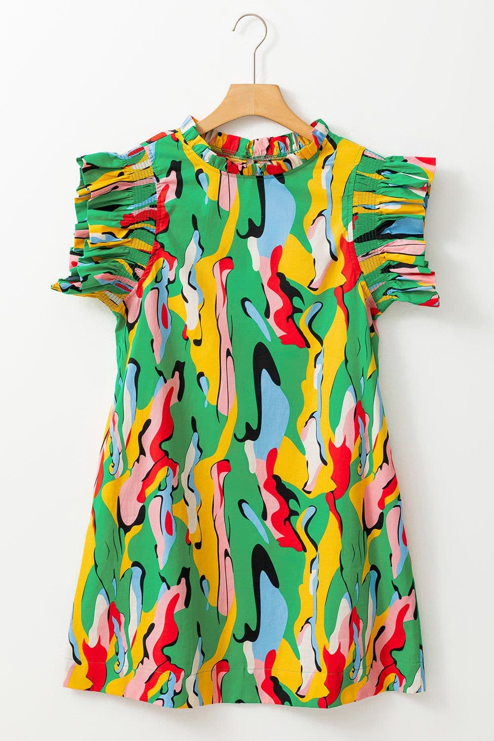 image-Green Abstract Print Frilled Neck Ruffled Sleeve Mini Dress