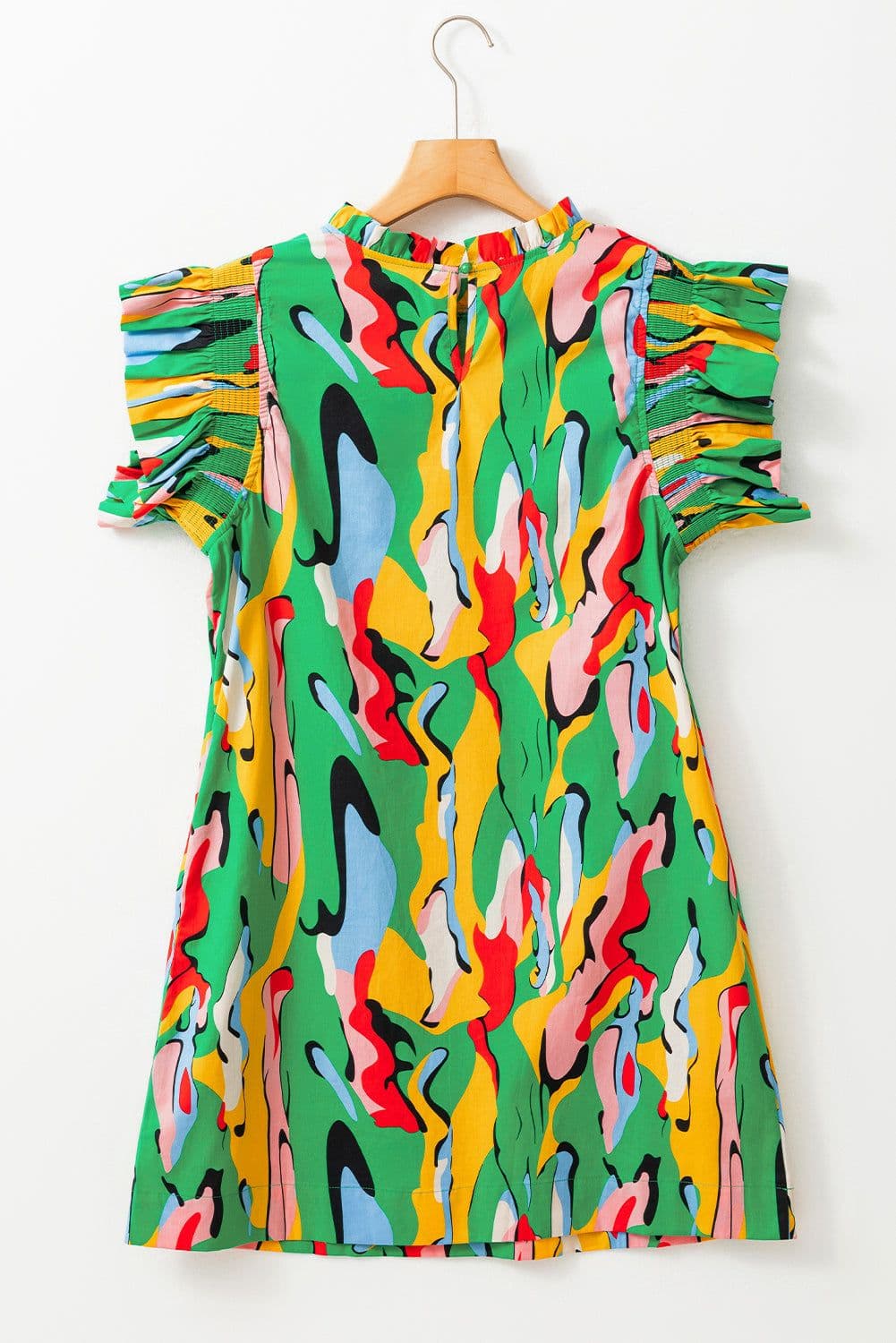 image-Green Abstract Print Frilled Neck Ruffled Sleeve Mini Dress