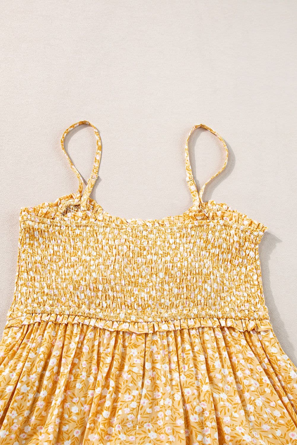 image-Yellow Frilly Smocked High Waist Floral Maxi Dress