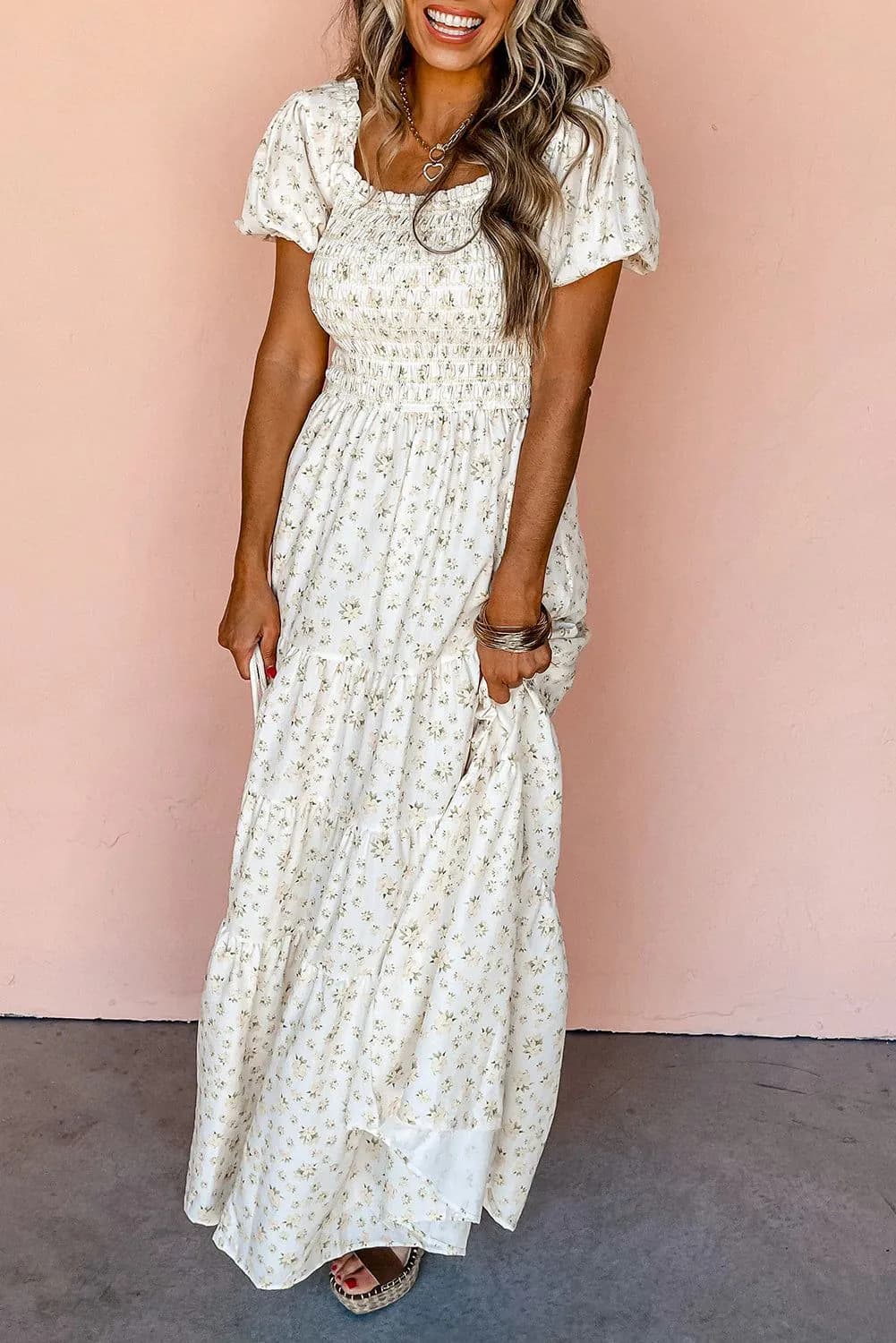 image-White Frilly Shirred Bodice Tiered Floral Maxi Dress