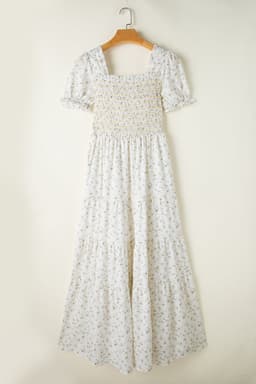 image-White Frilly Shirred Bodice Tiered Floral Maxi Dress