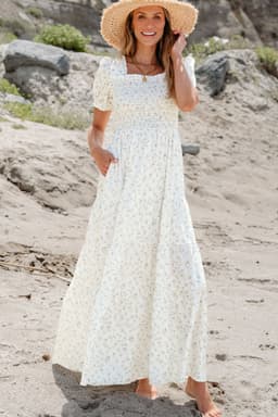 image-White Frilly Shirred Bodice Tiered Floral Maxi Dress
