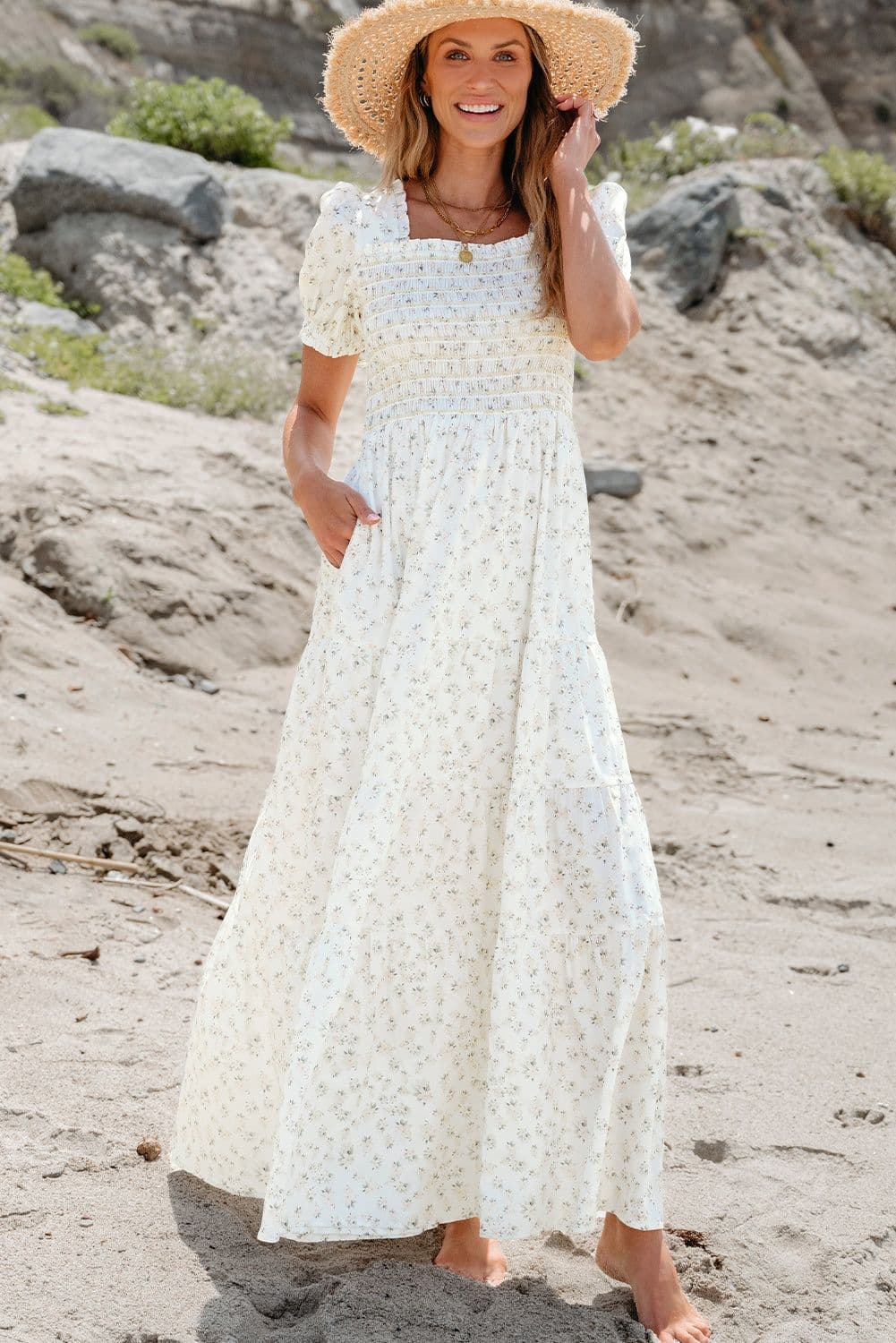 image-White Frilly Shirred Bodice Tiered Floral Maxi Dress
